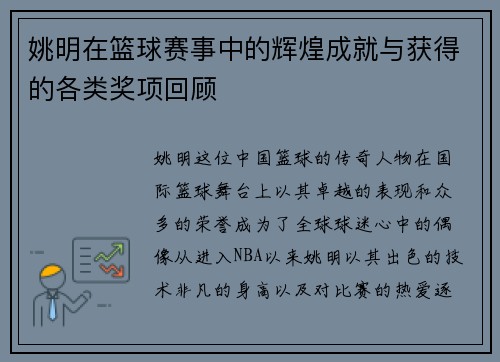 姚明在篮球赛事中的辉煌成就与获得的各类奖项回顾
