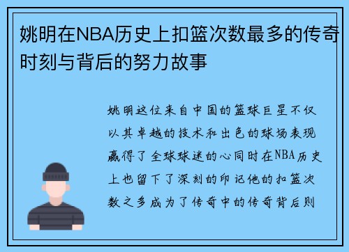 姚明在NBA历史上扣篮次数最多的传奇时刻与背后的努力故事